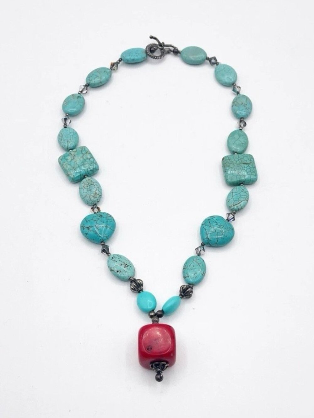 Chunky Faux Turquoise and Dyed Coral Necklace Southwestern Boho Toggle Clasp
